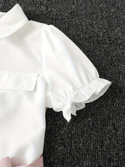 Girls Colorblock Collared Short Sleeve Blouse Tops