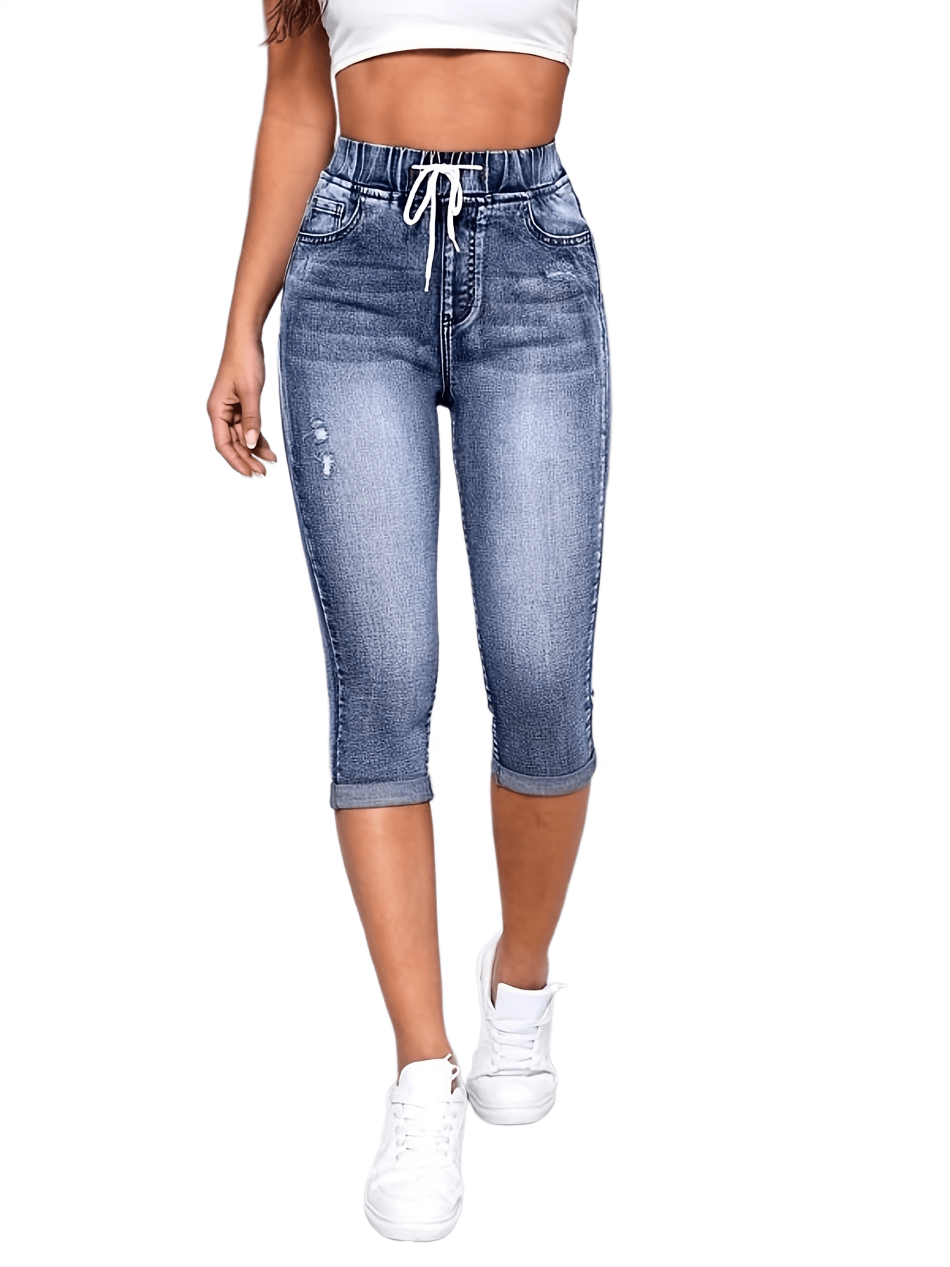 Slim Fit Capris Denim Jeans Drawstring Elastic Waist High Stretch Denim Pants