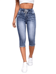 Slim Fit Capris Denim Jeans Drawstring Elastic Waist High Stretch Denim Pants