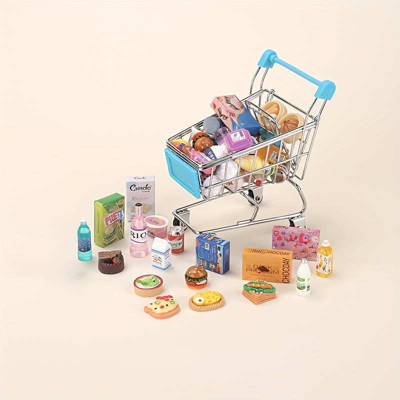 Mini Supermarket Shopping Cart Handcart Model Food Play Role Push Cart