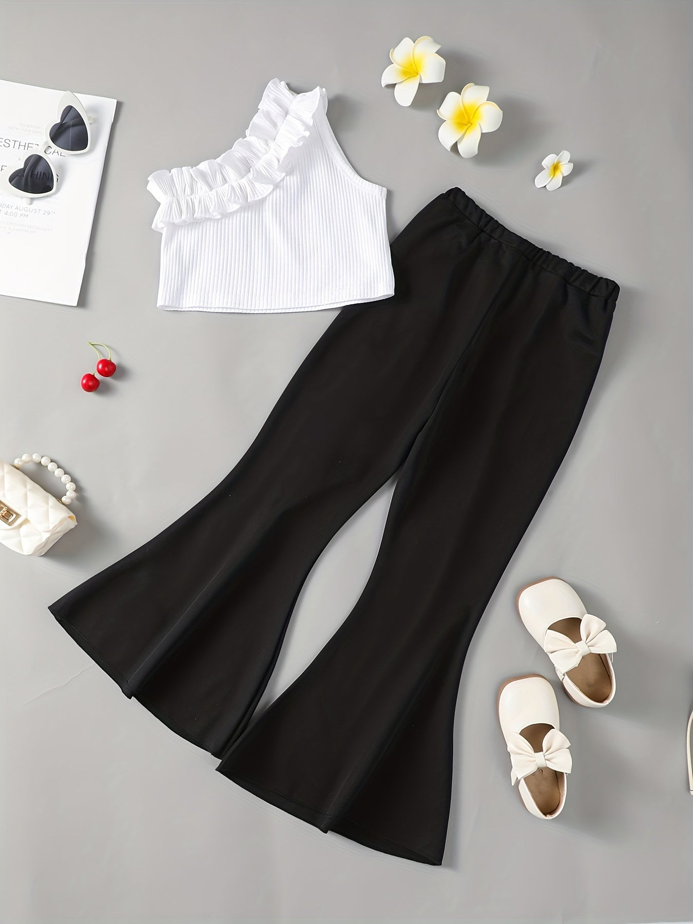 Toddler Girls One Shoulder Ruffle Top & Flare Leg Pants Set