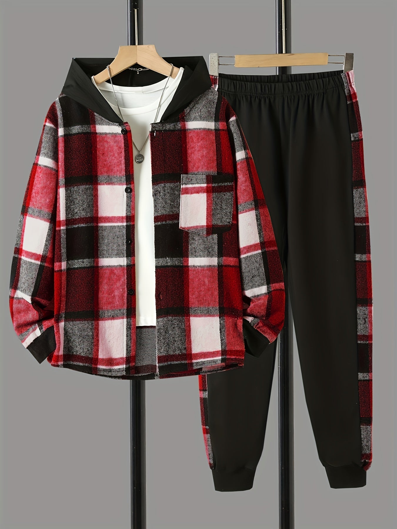 Boys 2pcs Hooded Shirt & Sweatpants Set Plaid Pattern Long Sleeve Top