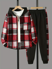 Boys 2pcs Hooded Shirt & Sweatpants Set Plaid Pattern Long Sleeve Top