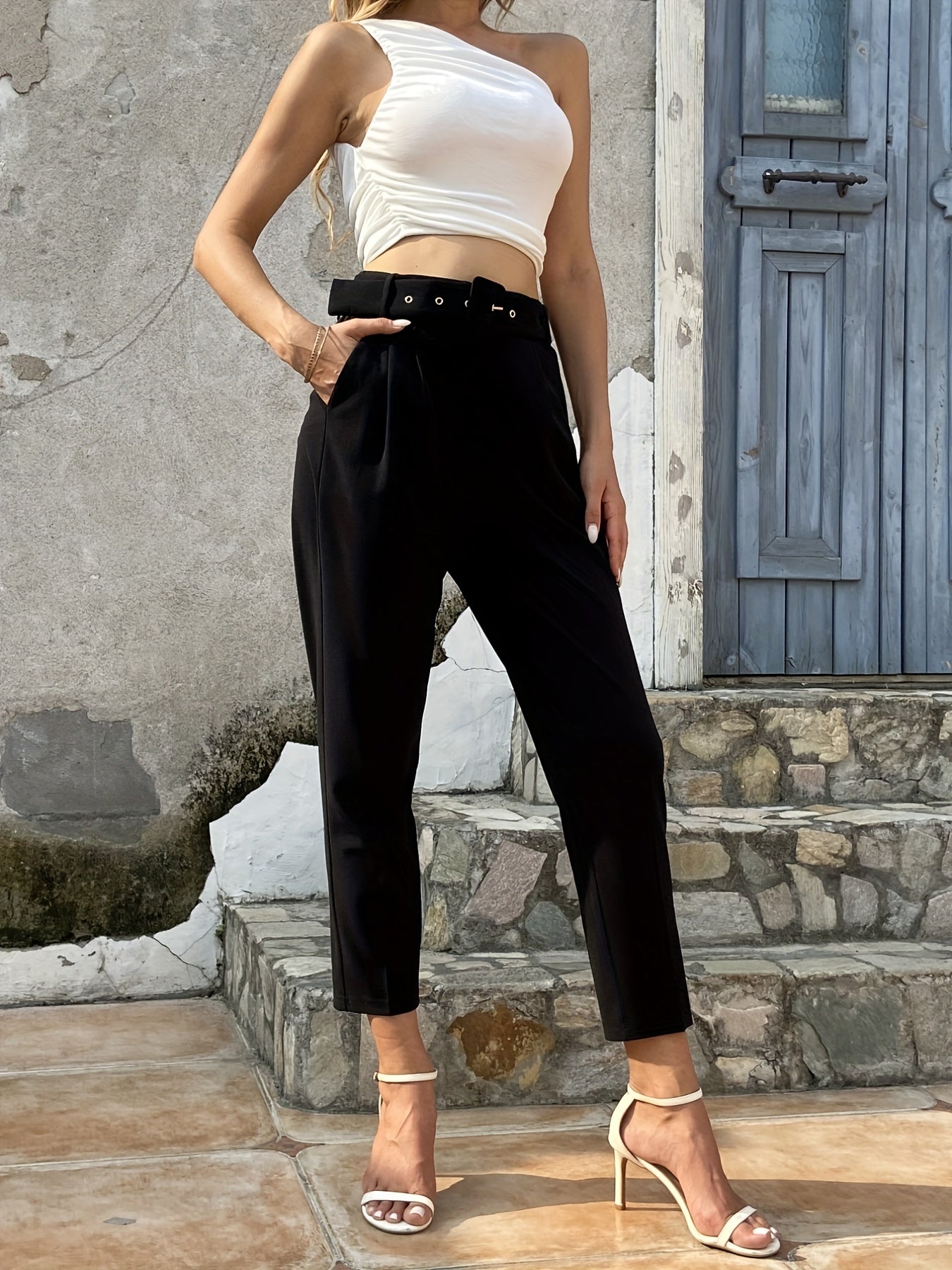 Solid High Waist Tailored Pants Long Length Work Office Pants Women's Clothing