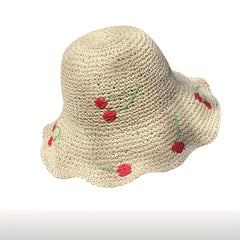 Ruffles Brim Vintage Sun Hat Cherry Crochet Straw Hat UV Protection