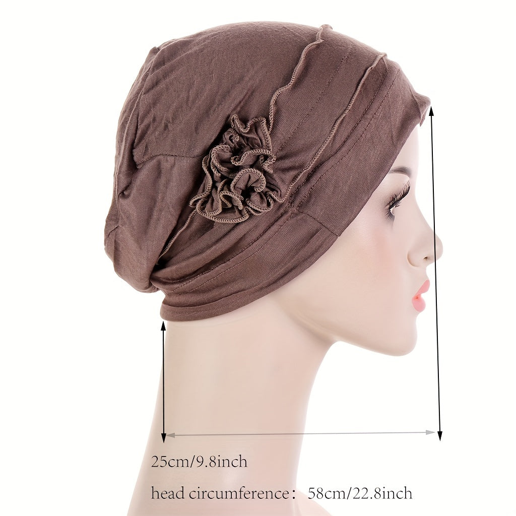 Flower Decor Turban Solid Beanie Head Scarf Ramadan Head Wrap