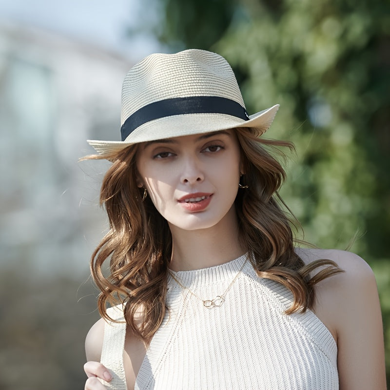 Women's Khaki Straw Fedora Sun Hat