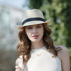 Women's Khaki Straw Fedora Sun Hat