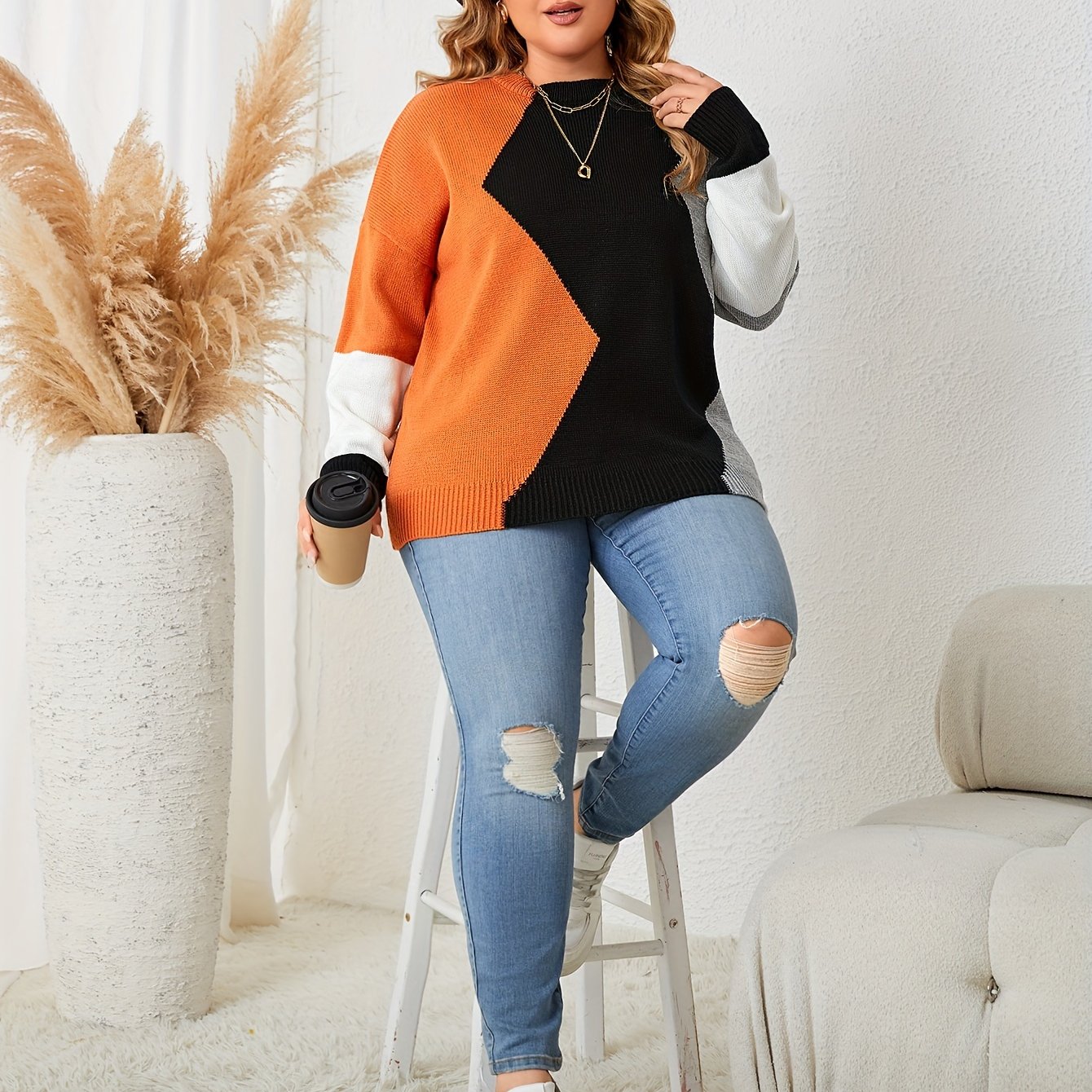 Colorblock Round Neck Sweater Women's Plus