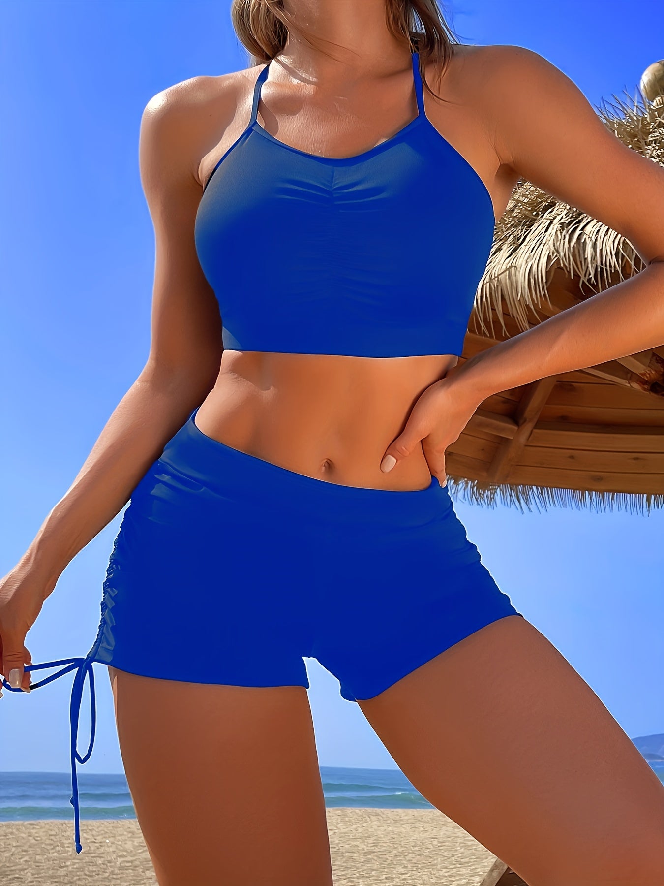 Ruched Bra Centre Wide Trim Bikini Sets Boxer Shorts Drawstring Bathing Suit