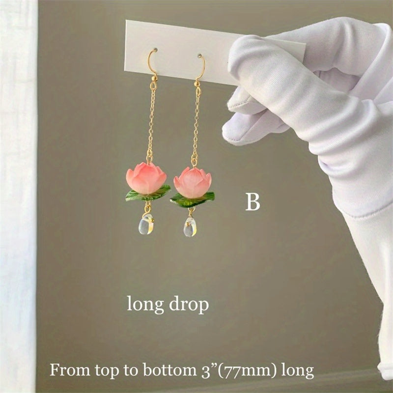 Pink Lotus Lily Pad Dangle Earrings for Girls