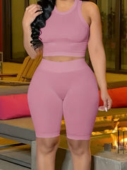 Casual Crew Neck Tank Top & High Waist Shorts Set