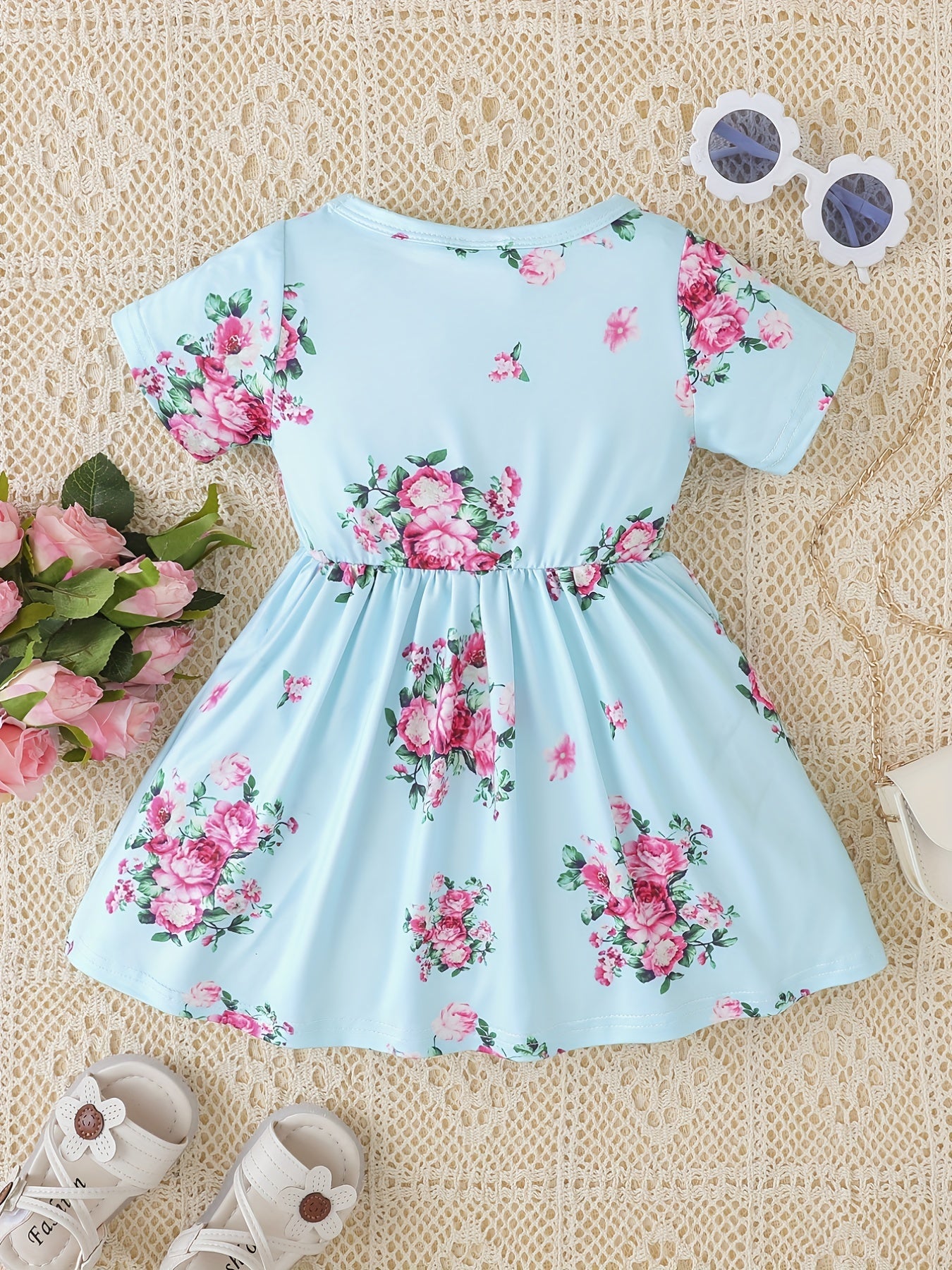 Baby Girls Floral Dress Short Sleeves Round Neck Dress