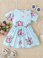 Baby Girls Floral Dress Short Sleeves Round Neck Dress
