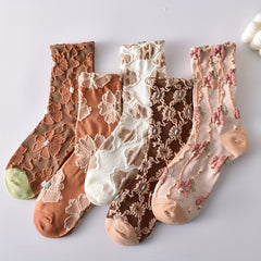 5 Pairs 3D Floral Textured Socks Retro Style All Match Women's Stockings