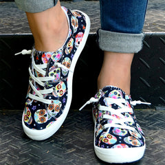 Women's Skull Pattern Canvas Shoes Low Top Lace Up Round Toe Flat Casual Shoes