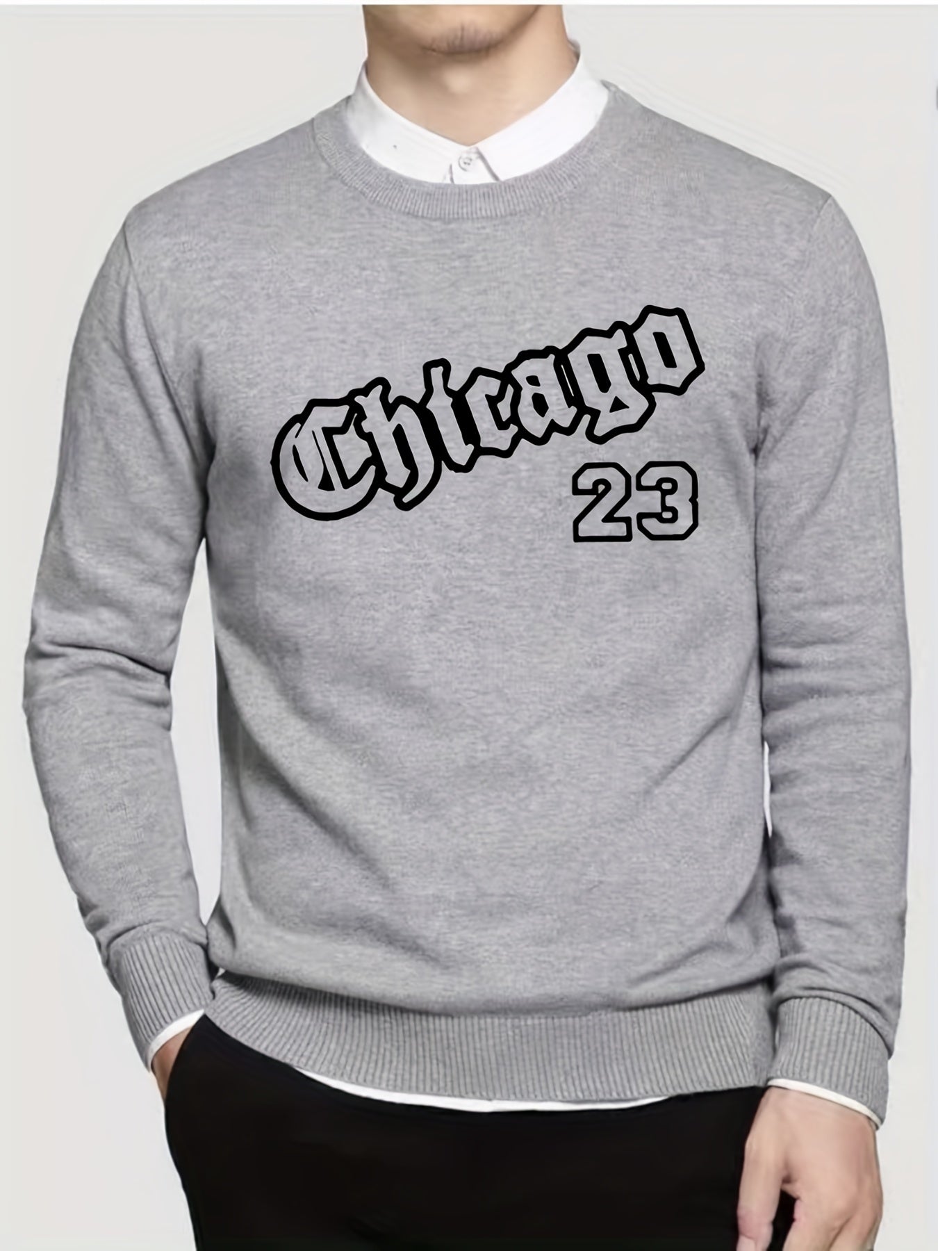 CHICAGO Print Knitted Sweater Men's Casual Warm Crew Neck Pullover