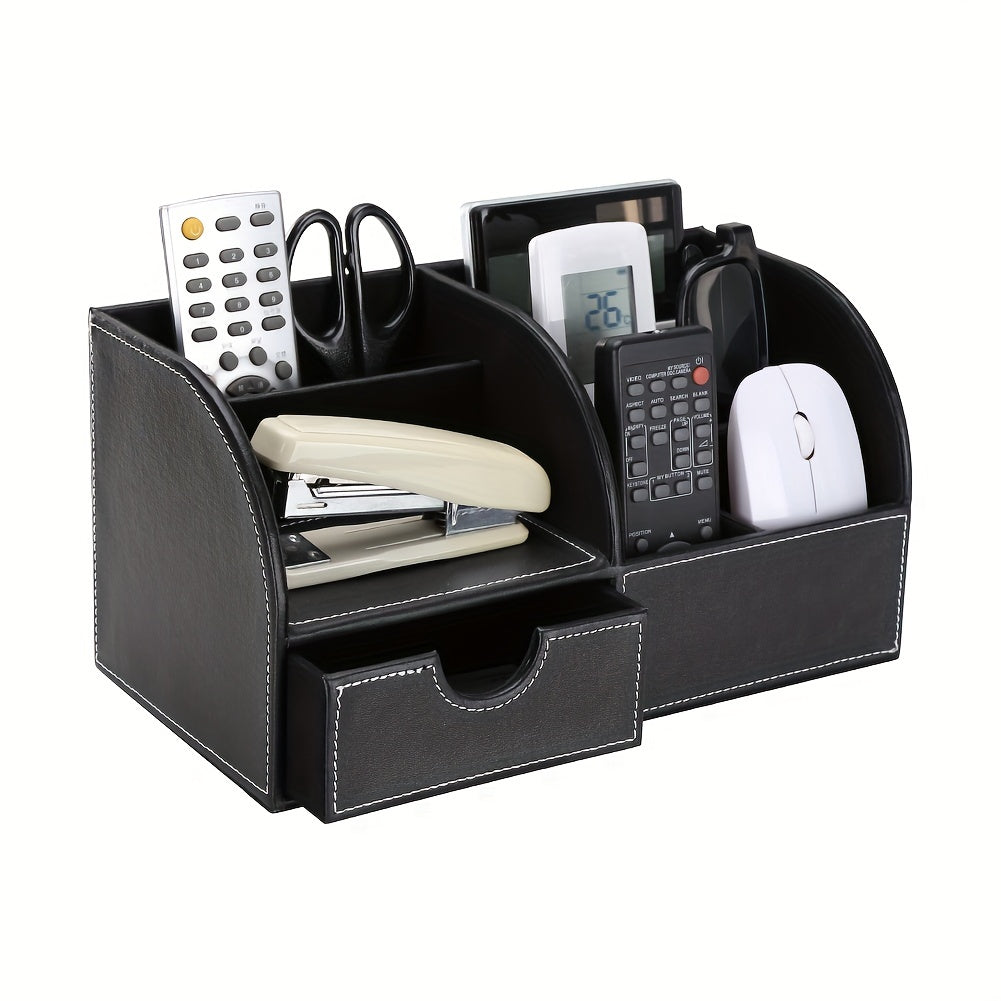 PU Half Leather Desktop Storage Pen Holder with Drawer