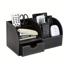 PU Half Leather Desktop Storage Pen Holder with Drawer