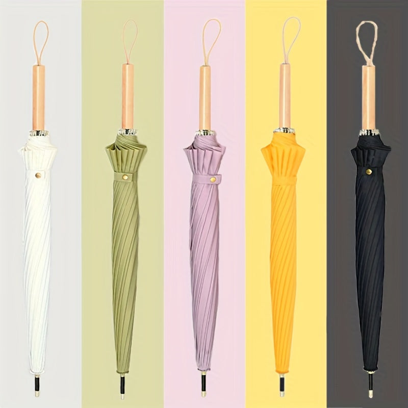 16 Ribs Long Handle Umbrella Wooden Waterproof Windproof Umbrella
