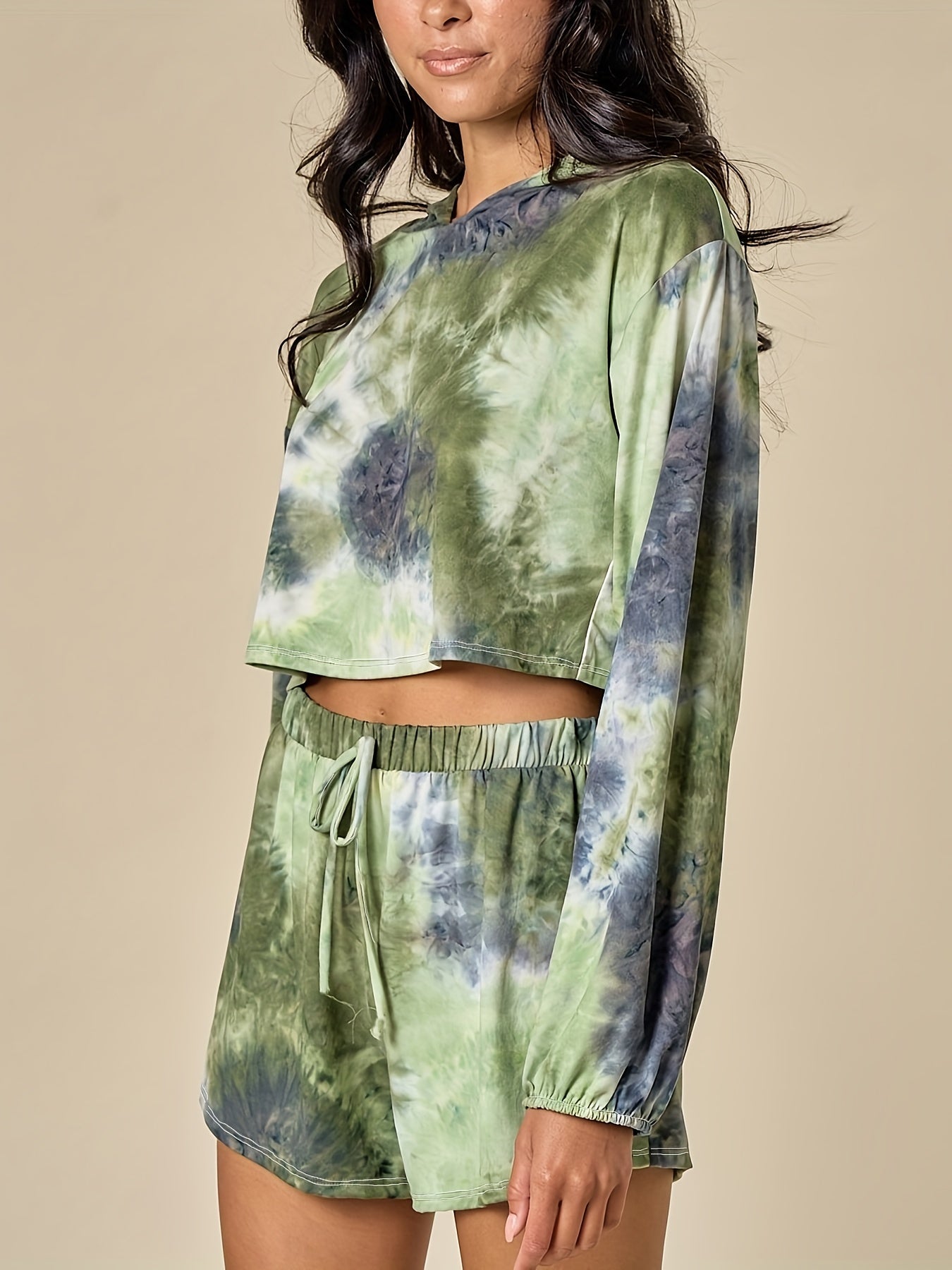 Women's Plus Tie Dye Hooded Crop Sweatshirt & Shorts Set