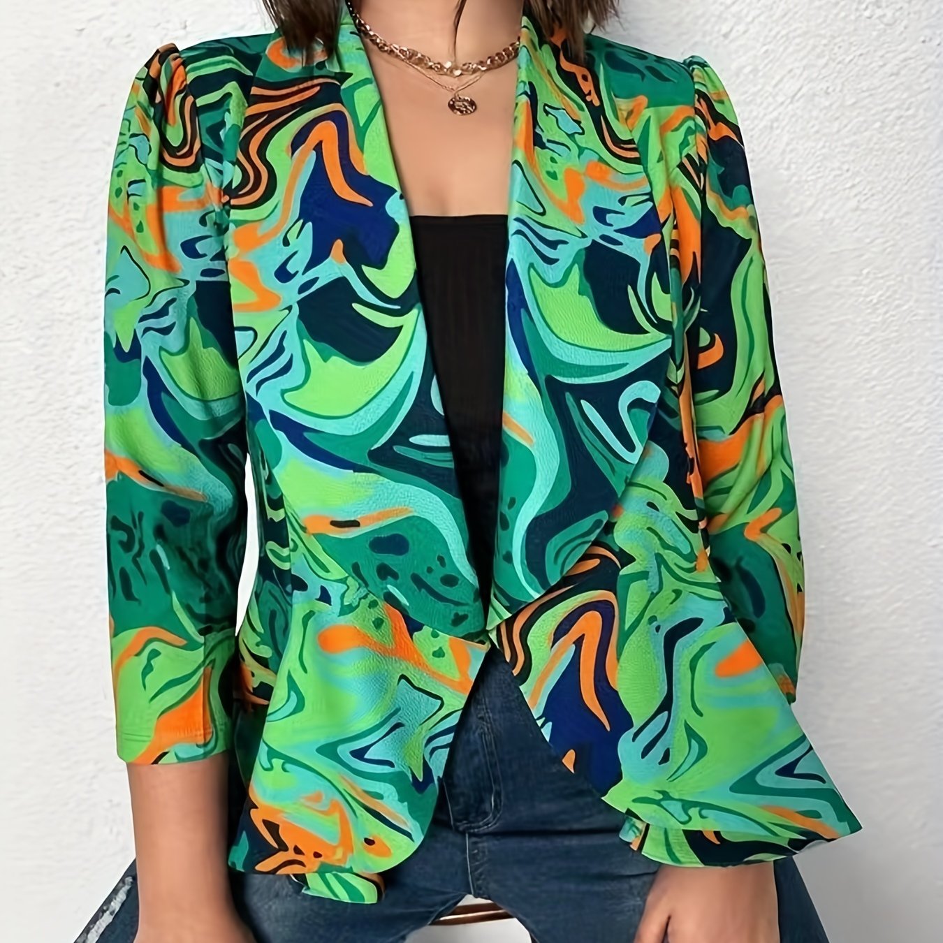 Camo 3/4 Sleeve Open Front Slim Fit Blazer