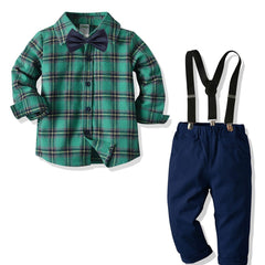 Boys Plaid Shirt with Bow & Suspender Trousers Set
