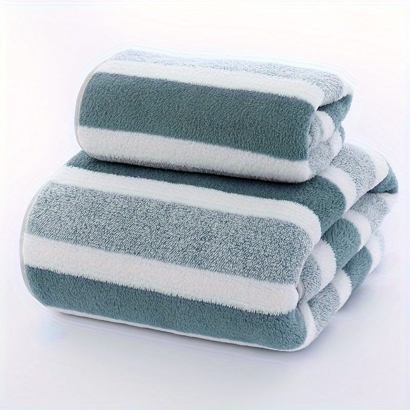 2pcs Striped Pattern Towel Set Soft Hand & Bath Towel Quick Drying Absorbent