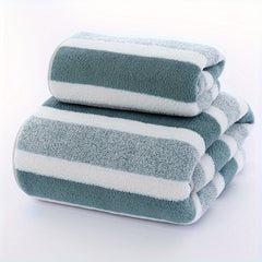 2pcs Striped Pattern Towel Set Soft Hand & Bath Towel Quick Drying Absorbent