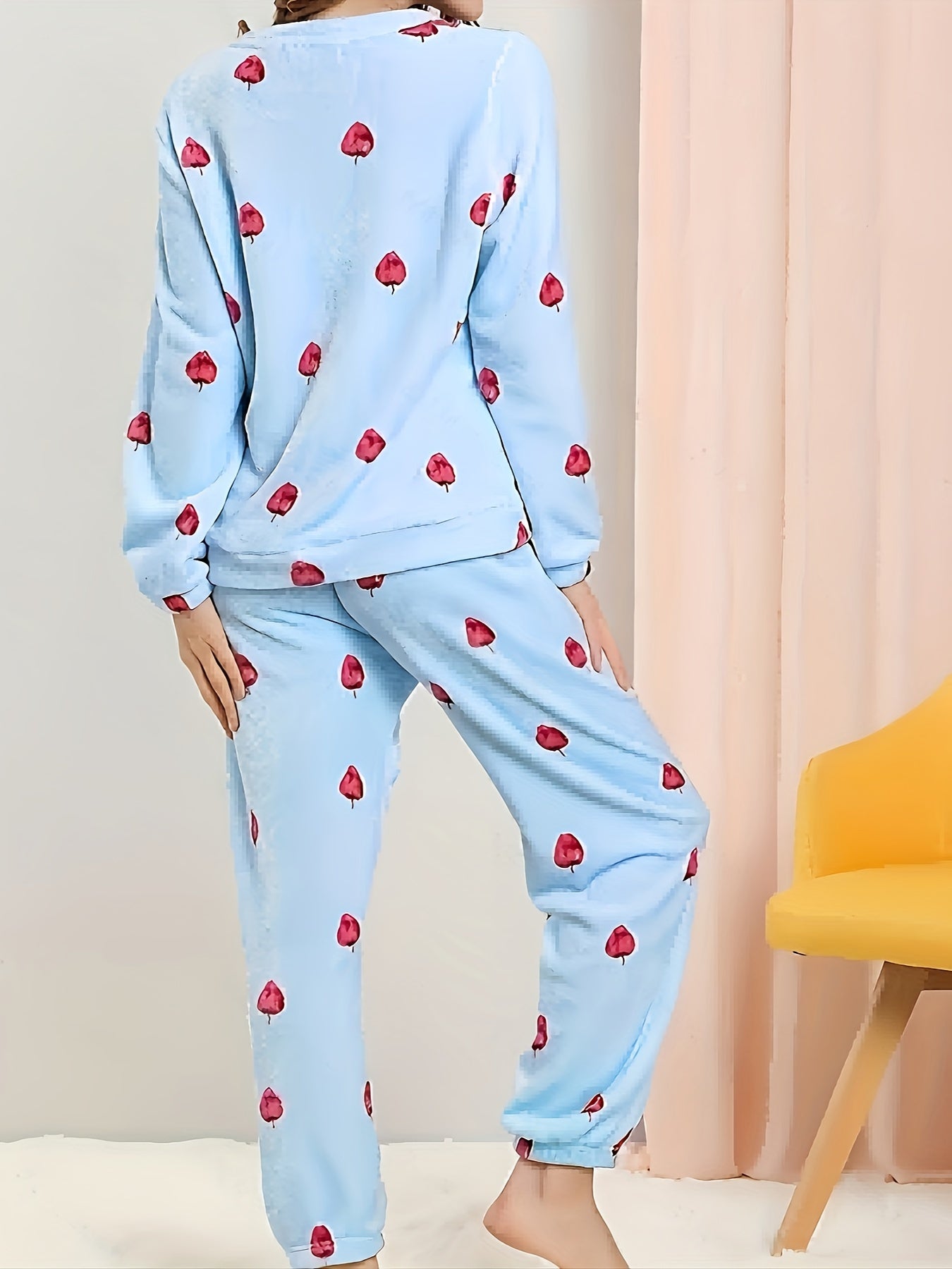 Leaves Print Pajama Set Long Sleeve Crew Neck Top & Elastic Waistband Pants