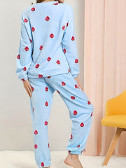 Leaves Print Pajama Set Long Sleeve Crew Neck Top & Elastic Waistband Pants