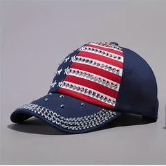 Flag Print Baseball Cap Rhinestone Decor Adjustable Dad Hat
