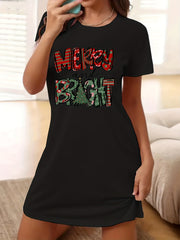 Christmas Dress Women's Plus Christmas Tree & Slogan Print Tee Dress