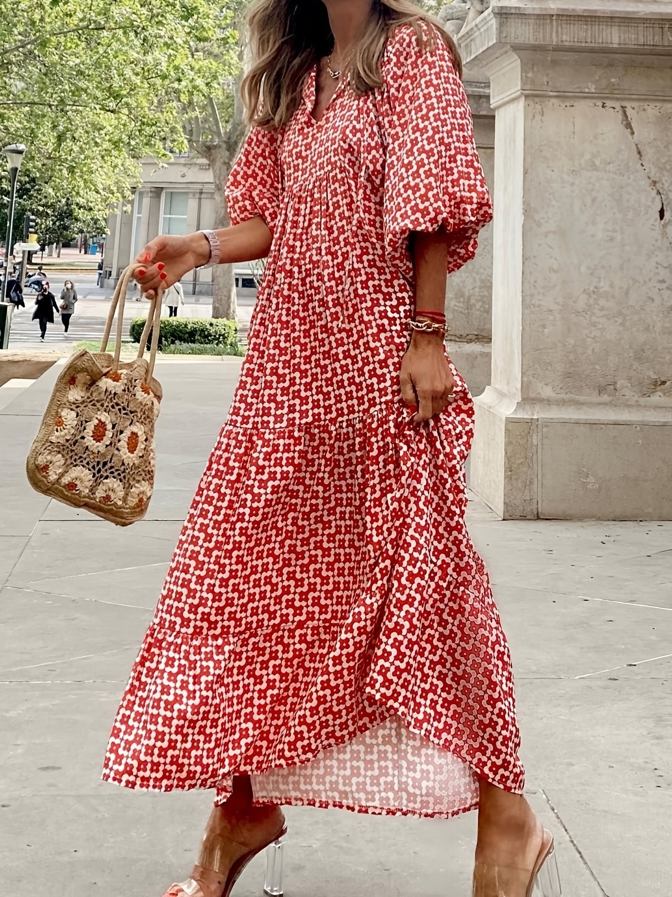 Vacation Tiered Maxi Dress Lace Up Neckline Casual Dress