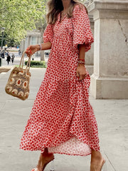 Vacation Tiered Maxi Dress Lace Up Neckline Casual Dress
