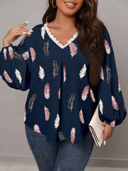 Feather Print Lantern Sleeve V Neck Casual Blouse