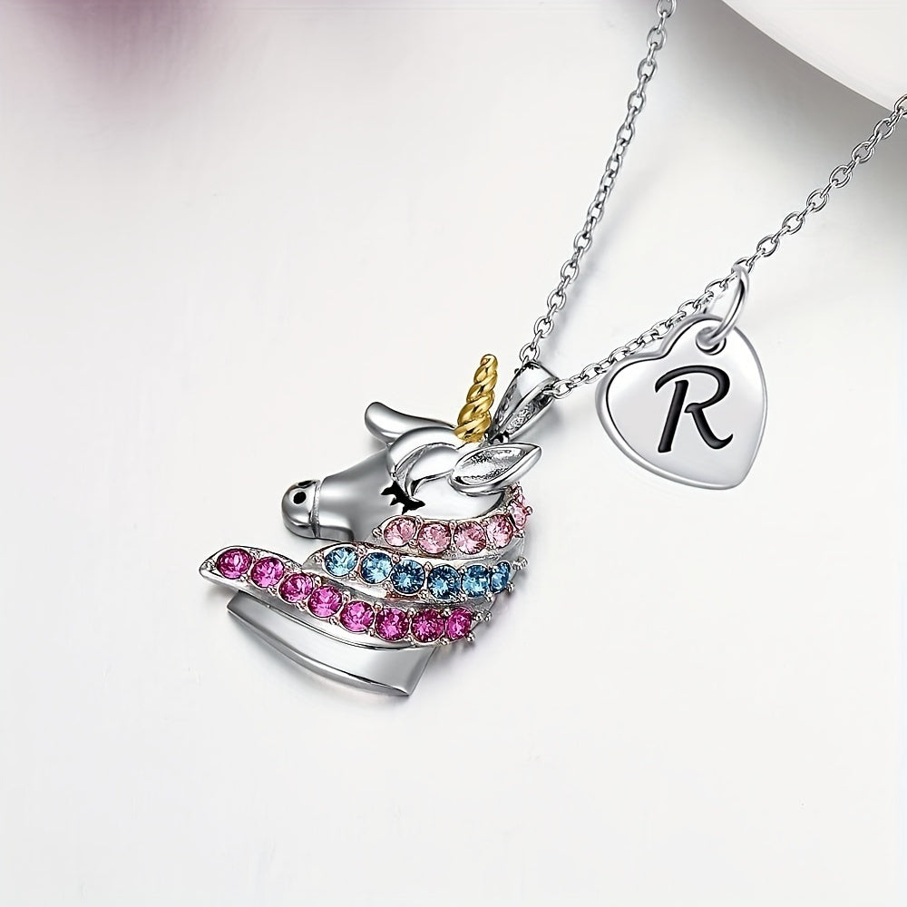 Cartoon Unicorn Letter Pendant Necklace for Girls