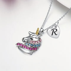 Cartoon Unicorn Letter Pendant Necklace for Girls