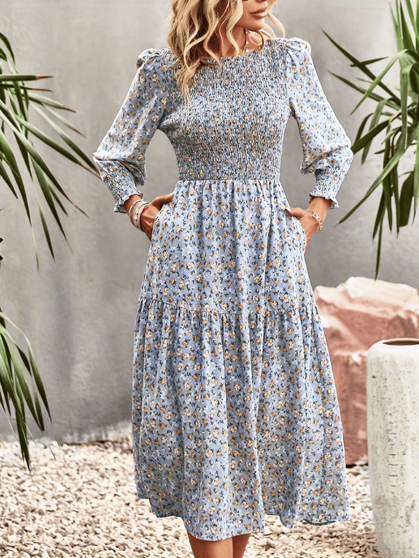 Women's Plus Floral Print Puff Sleeve Maxi Dress