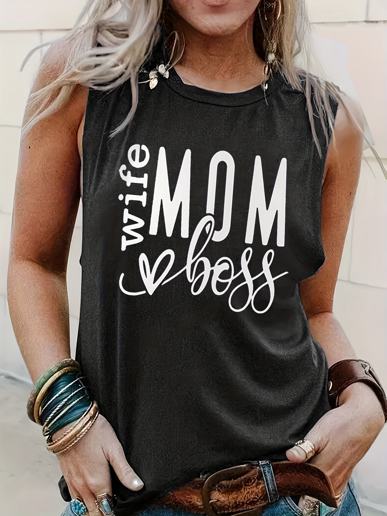Mom Letter Print Tank Top Crew Neck Sleeveless Summer Top