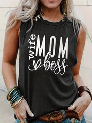 Mom Letter Print Tank Top Crew Neck Sleeveless Summer Top