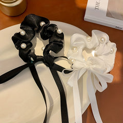 Faux Pearl Scrunchies Hair Tie Ribbon Tassel Hair Rope Satin Soft Ponytail