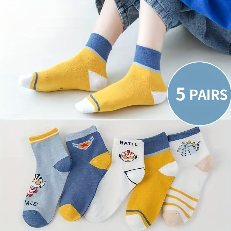 5 Pairs Kids Cartoon Print Crew Socks for All Seasons