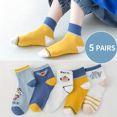 5 Pairs Kids Cartoon Print Crew Socks for All Seasons