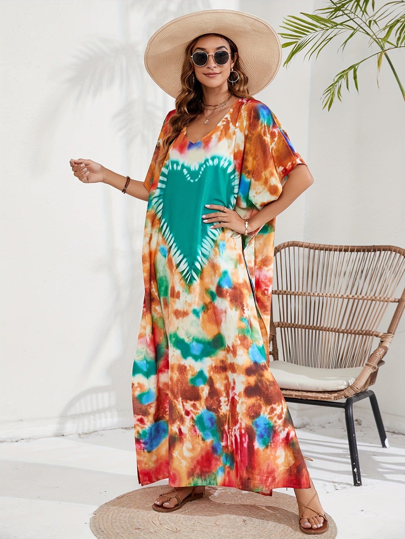 Boho Cover Up Tie Dye Heart Pattern V Neck Maxi Beach Cover Up