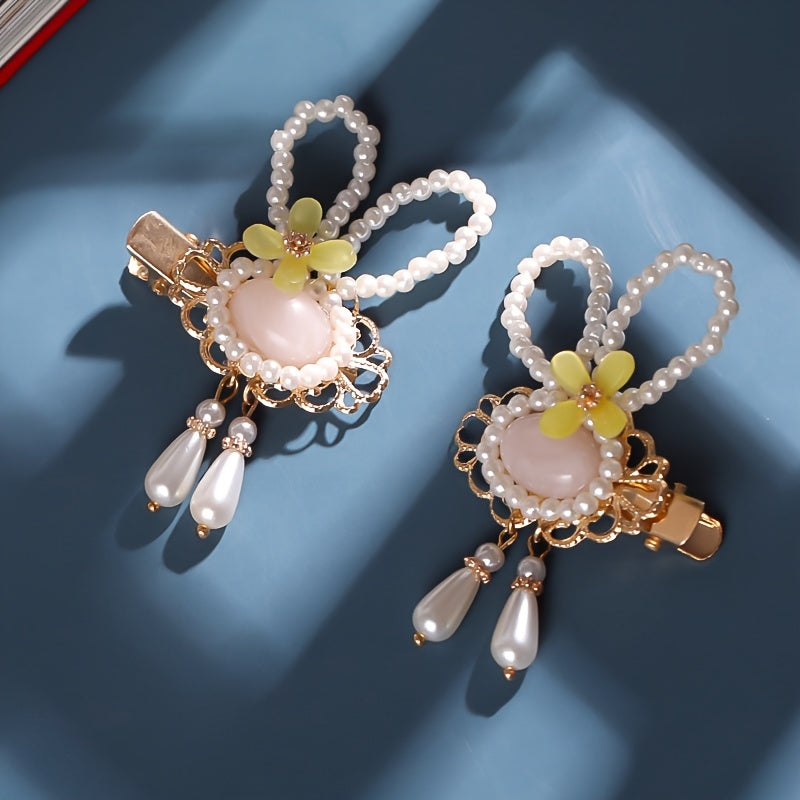 2Pcs Girls Chinese Hanfu Headdress Pearl Beaded Hair Clip Bunny Flower Tassel