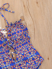 Floral Print Ruffle Trim One Piece Swimsuit Cut Out Bathing Suit
