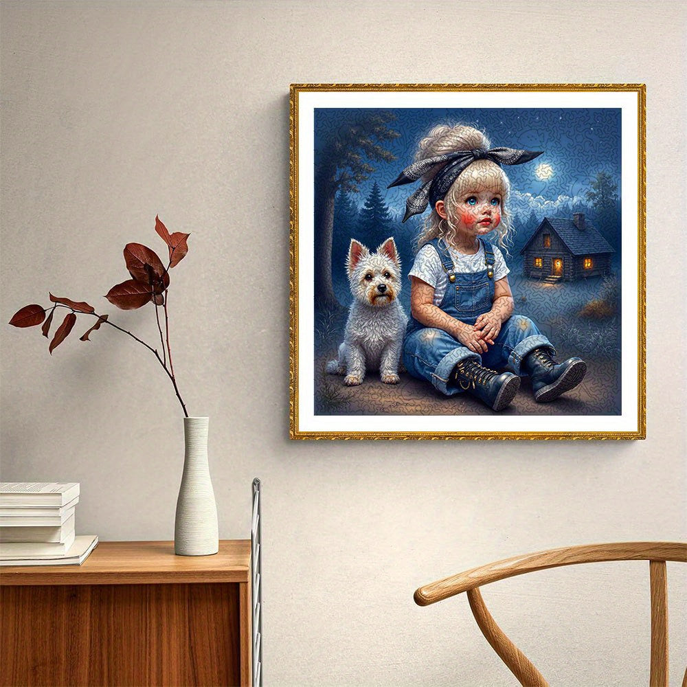 Wooden Jigsaw Puzzle Enchanting Girl & Dog Moonlit Night Scene Animal Si
