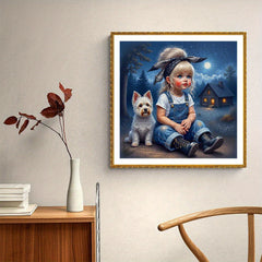Wooden Jigsaw Puzzle Enchanting Girl & Dog Moonlit Night Scene Animal Si