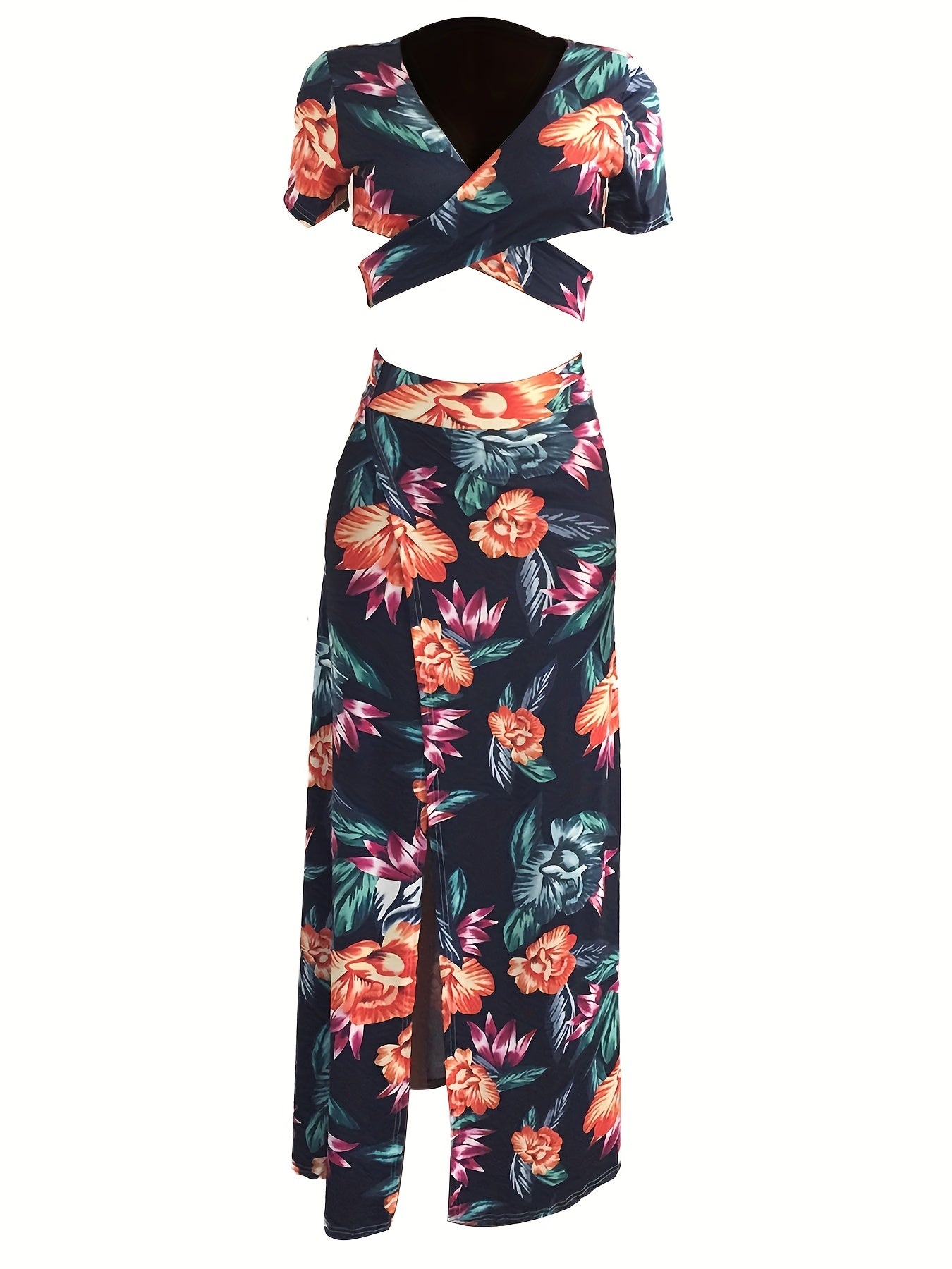 Floral Print Two piece Skirt Set V neck Crop Top & Split Skirt